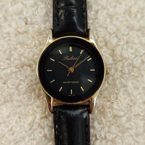 Citizen Q&Q Falcon QA37-102 Ladies Watch Black Gold Dial Quartz 23mm Japan Made